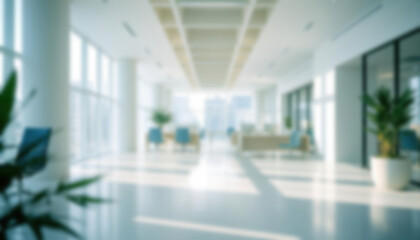 Defocused office interior at desk height. Light-filled business workspace abstract blur effect. Perfect for Zoom backgrounds, websites, blog headers, or digital ads. Clean and professional office vibe