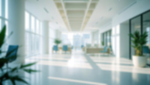 Defocused office interior at desk height. Light-filled business workspace abstract blur effect. Perfect for Zoom backgrounds, websites, blog headers, or digital ads. Clean and professional office vibe