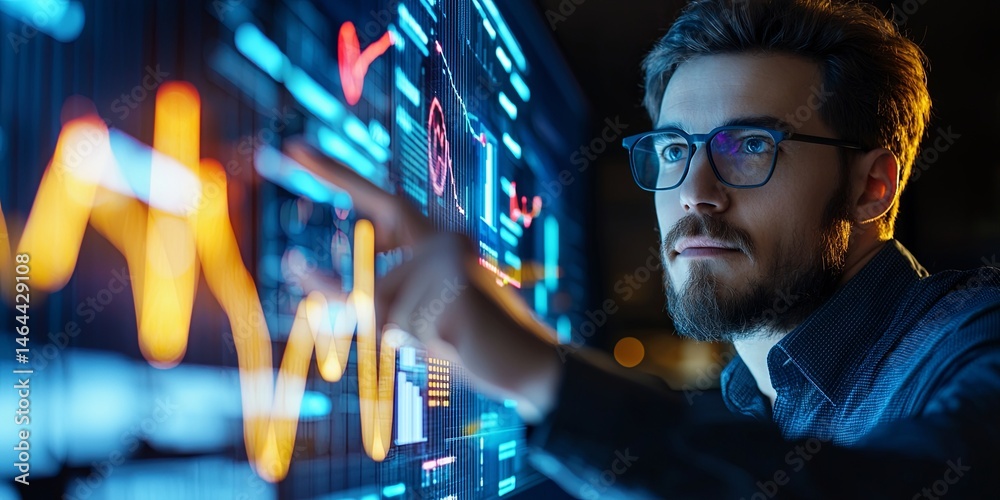 Poster Futuristic Businessman Interacting with Digital Data Visualization on a Touchscreen Panel Surrounded by Glowing Graphs and Analytics in a Modern Office Environment