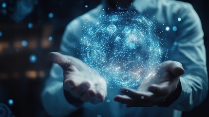 A businessman showcasing a virtual, luminous cloud computing interface, representing data uploads, downloads, and seamless system network integration—an emblem of data transfer and digital transformat