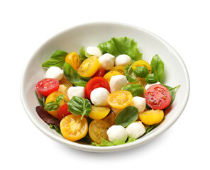 Tasty salad with yellow tomatoes, basil and mozzarella cheese isolated on white