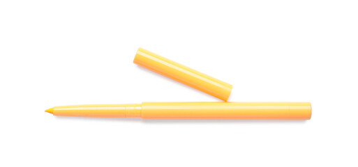 Yellow twist up eye pencil isolated on white, top view