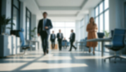 Modern blurred office background with people working and walking, captured straight-on from knee level. Clean design, soft blur. Ideal for business, teamwork, collaboration, and corporate visuals.