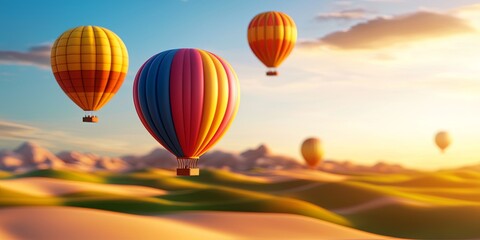 Serene Landscape with Colorful Hot Air Balloons Floating Above Gentle Hills Under Soft Pastel Sky in Dreamy Atmosphere