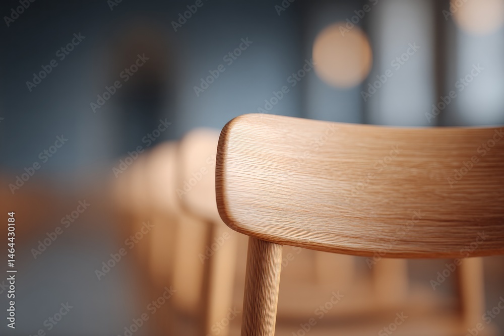 Poster capture minimalistic image of empty university lecture hall featuring rows of wooden desks and chair