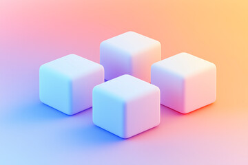 Obraz premium Four smooth pastel cubes on a vibrant gradient background of pink, orange, and blue tones.