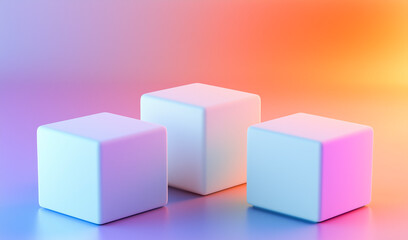 Three white cubes displayed on a gradient background of warm yellow and cool blue lighting.