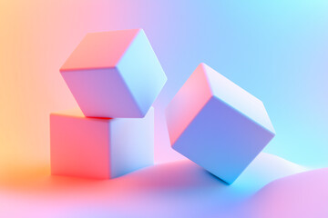 Three white cubes displayed on a gradient background of warm yellow and cool blue lighting.