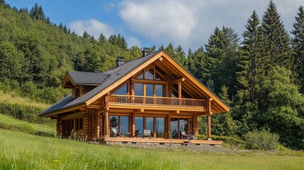 Obraz premium Natural wooden home with a view of the forest landscape.