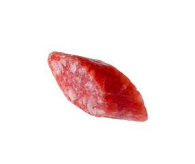 Piece of delicious smoked sausage isolated on white