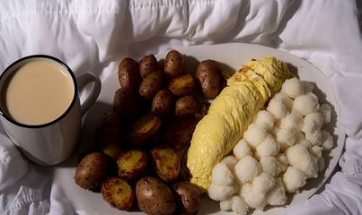 A Delicious Breakfast of Omelette Potatoes and Cauliflower with Coffee