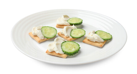 Tasty crackers with cream cheese and cucumber isolated on white