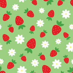 Summer vector pattern with red strawberries and white flowers on a green background