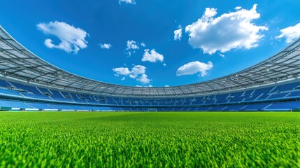 Fototapeta premium Empty stadium green field blue seats bright sunny day
