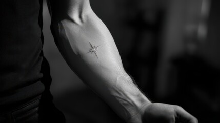 Close-up grayscale image of a small star tattoo on a forearm.