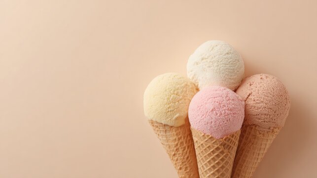 close-up of diverse ice cream cones celebrating national ice cream day against pale pastel hues