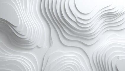 Abstract white paper layers form a topographic, wavy pattern, creating a three-dimensional, modern, and minimalist visual effect.
