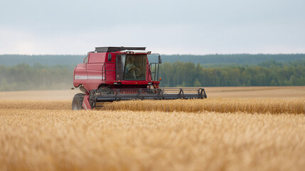 Fototapeta premium Red Combine Harvester in Golden Wheat Field