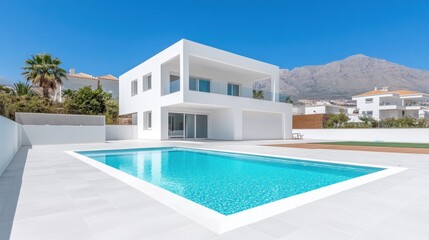 Fototapeta premium Modern white house with pool and mountain view architectural photography