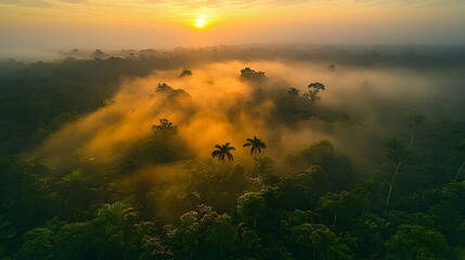 Aerial View of Sunrise Over Foggy Tropical Forest