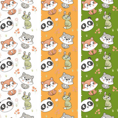 Cute watercolor colorful animals seamless pattern background with hand drawn doodle vector green frog, orange fox, panda, brown teddy bear, grey kitten, pink bunny