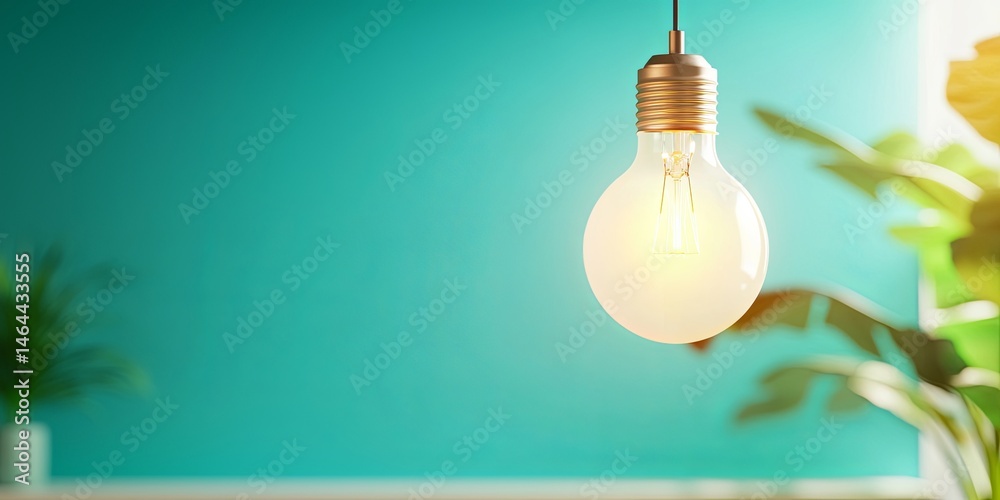 Poster elegant light bulb hanging in air against smooth turquoise background with soft shadows for minimali