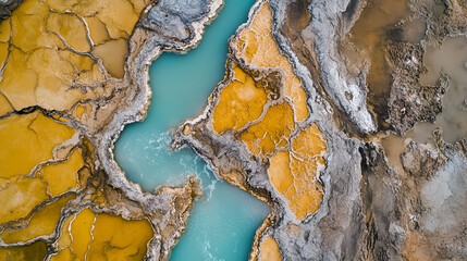 Aerial View of Turquoise and Yellow Thermal Pools