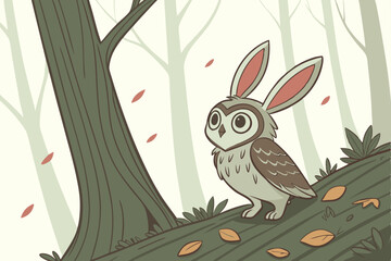 91 Cute fantasy creature, owl with rabbit ears, big eyes, fluffy feathers, whimsical forest setting, tree trunk, moss, fallen leaves, misty background, soft lighting, digital art, 3D render, detailed 