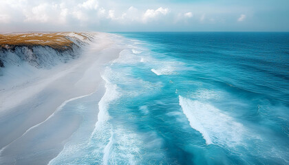 Aerial View of Turquoise Ocean Waves Crashing on a White Sand Beach