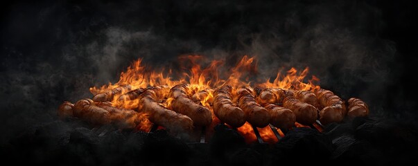 Sausages on the grill with flames against a black background