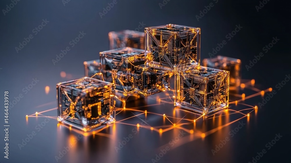 Poster illuminated cubes with complex, glowing circuitry and connecting lines