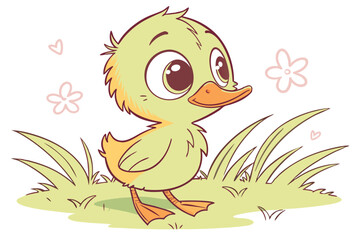 92 Cute cartoon duckling, fluffy yellow feathers, big expressive eyes, orange beak and feet, cheerful expression, standing on grass, soft pastel colors, children's book illustration style, digital art