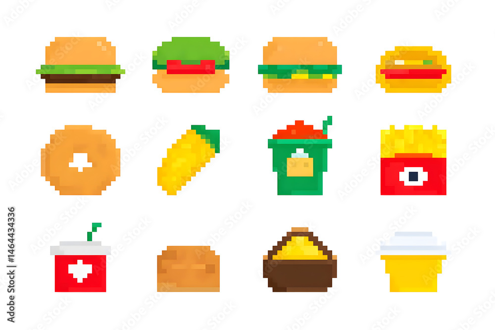 Poster collection set of pixelated food icons isolated on white background