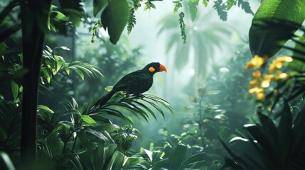 Fototapeta premium A black bird with an orange beak perched on a green leaf in a lush tropical rainforest setting