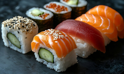 Assorted Sushi Platter on Dark Background