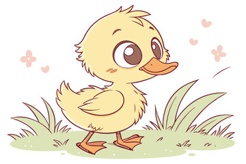 92 Cute cartoon duckling, fluffy yellow feathers, big expressive eyes, orange beak and feet, cheerful expression, standing on grass, soft pastel colors, children's book illustration style, digital art