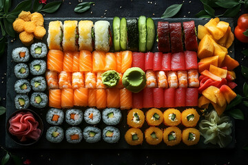 Assorted Sushi Platter with Seafood Rolls and Mango Garnish