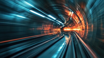 Dynamic view of a speeding train inside a futuristic tunnel with glowing lights and motion blur