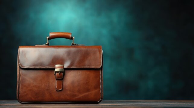 Naklejki A beautiful brown leather briefcase is showcased against a moody dark backdrop, highlighting its craftsmanship and classic design elements for an elegant appearance.