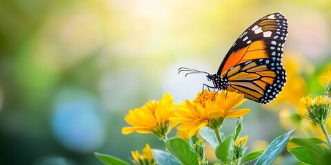 Obraz premium Colorful butterfly perched on a vibrant yellow flower showcasing intricate wings and delicate nature details against a soft pastel background