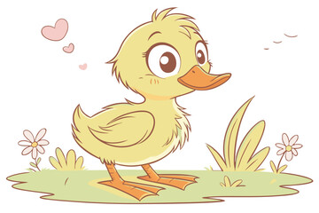 92 Cute cartoon duckling, fluffy yellow feathers, big expressive eyes, orange beak and feet, cheerful expression, standing on grass, soft pastel colors, children's book illustration style, digital art