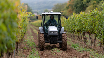 Obraz premium Vineyard Tractor in Action: Autumn Harvest