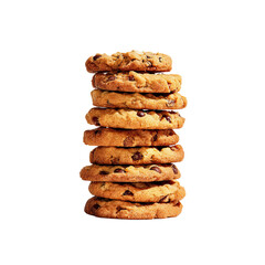 An isolated stack of eight freshly baked chocolate chip cookies, showcasing their golden-brown texture and enticing chocolate morsels, on a clean white background.