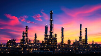 Obraz premium Industrial refinery silhouette at sunset complex network of towers and pipelines