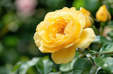 Beautiful blooming yellow rose in a lush green garden setting with soft blurred background showcasing nature's elegance and delicate floral details.