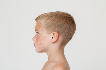 Profile of a young boy with fair skin and freckles, captured against a plain backdrop. The focus is on his delicate features and youthful appearance.