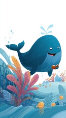 Obraz premium Whimsical whale with book in ocean scene.
