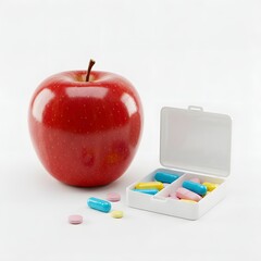 Fresh apple next to open pill box with colorful tablets on white backdrop