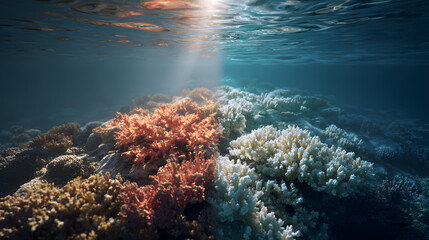 Obraz premium Vibrant Underwater Coral Reef Scene Sunlit Ocean Floor with Diverse Coral Formations