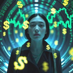A woman gazes intently in a futuristic setting filled with floating money symbols and stock market graphs